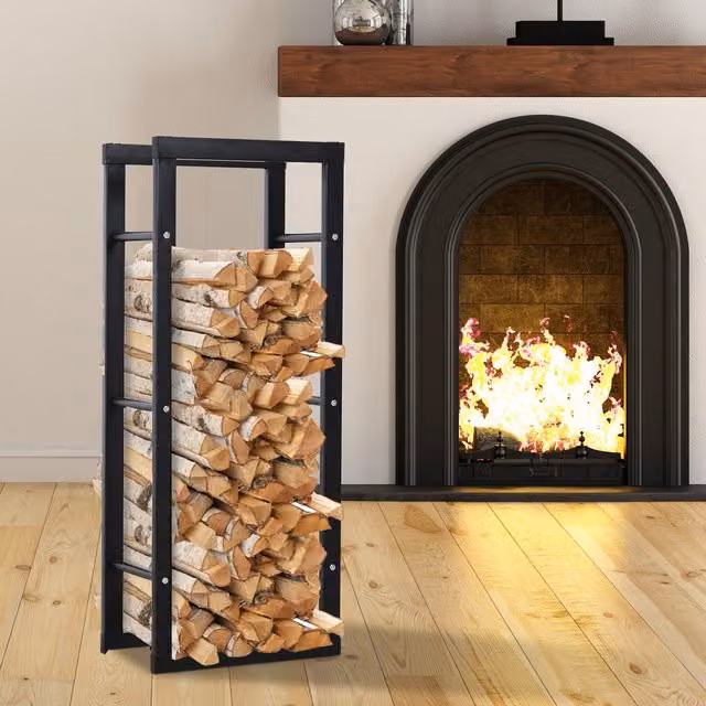 HOMCOM Metal Firewood Log Holder Rack in Matt Black, W/D/H: 40 x 40 x 40 cm