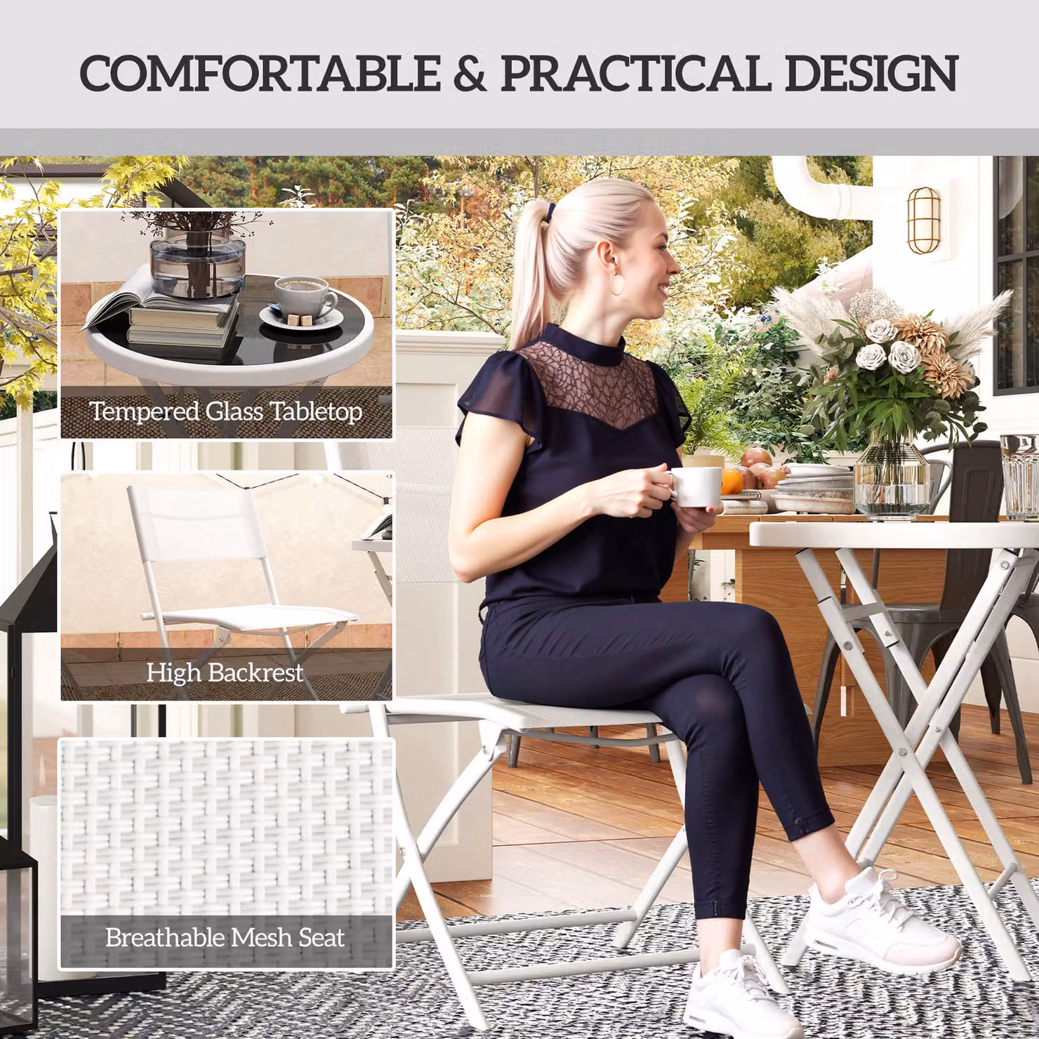 Outsunny 3 Piece Outdoor Bistro Set with Round Glass Top Table and 2 Folding Chairs in White – 3