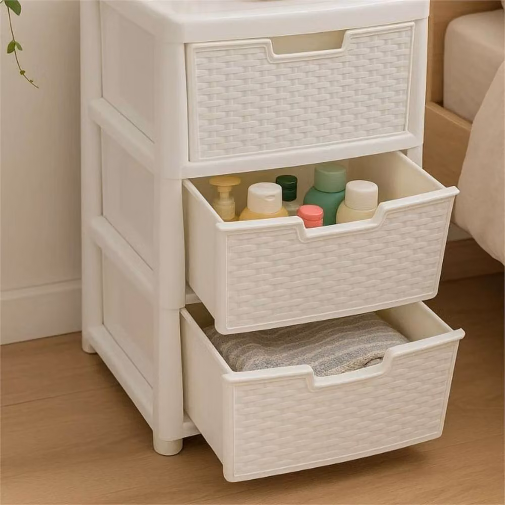 Nordara Large Rattan Effect 3-Drawer Storage Tower Unit in White – 3