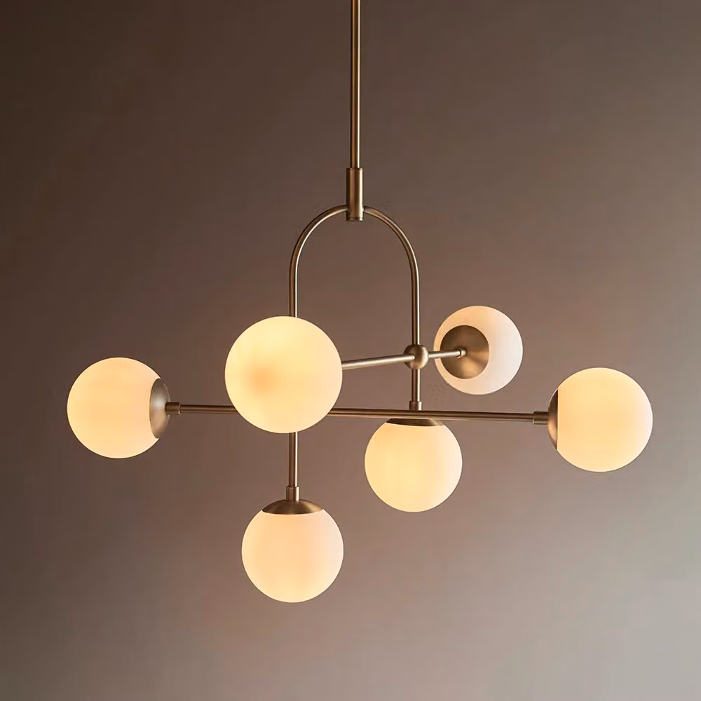 Loops Antique Brass Multi Arm Ceiling Light with 6 Transparent Glass Sphere Shades and Height Adjustable Hanging Pendant – 2