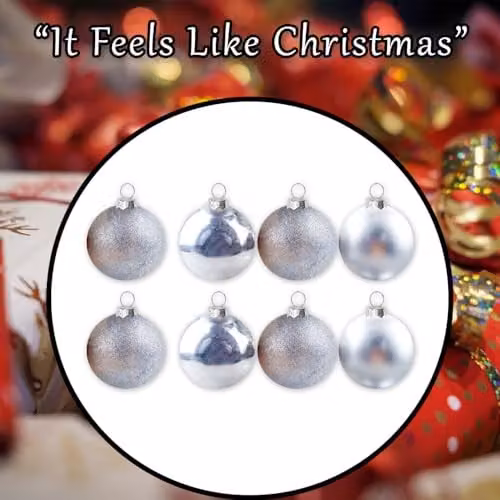 VFM e-Store Silver Round Christmas Bauble Hanging Tree Ornaments, Pack of 8, 5cm – 7