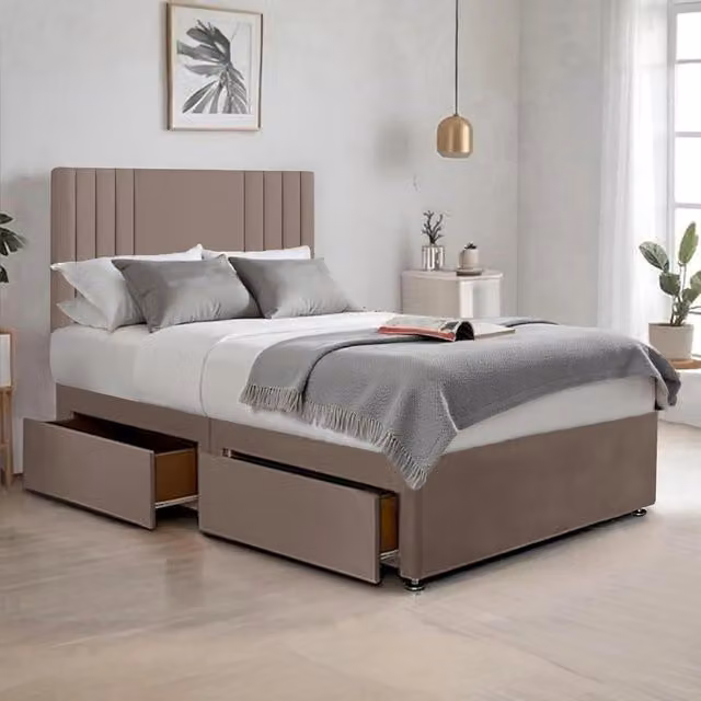 Bed Time UK Plush Sawana King Size Bed with 20 inch Headboard, Hybrid Memory Foam Mattress and 2 Drawers in Beige, W/D/H: 180 x 200 cm