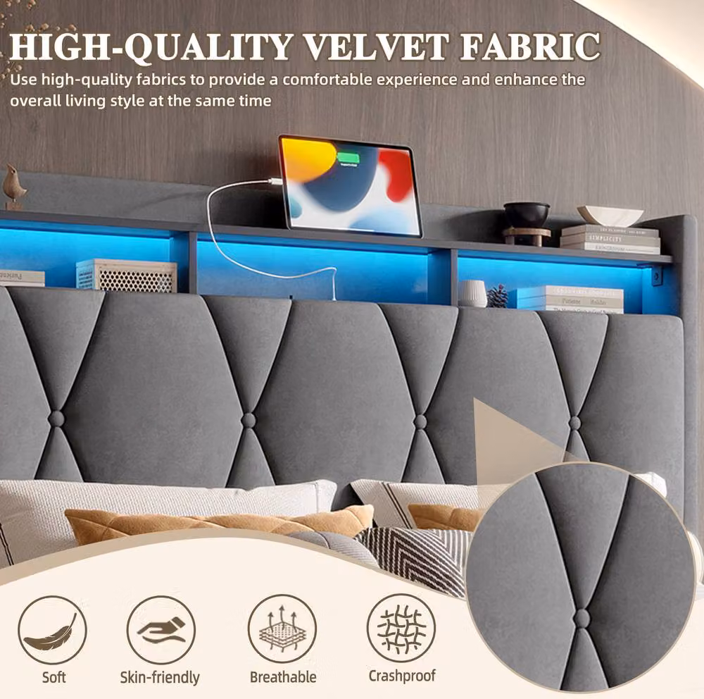 STILVORA Double Bed Frame with Storage, LED, USB Charging Port and Bedside Shelf in Grey Velvet Fabric, W: 135 cm, L: 190 cm – 7