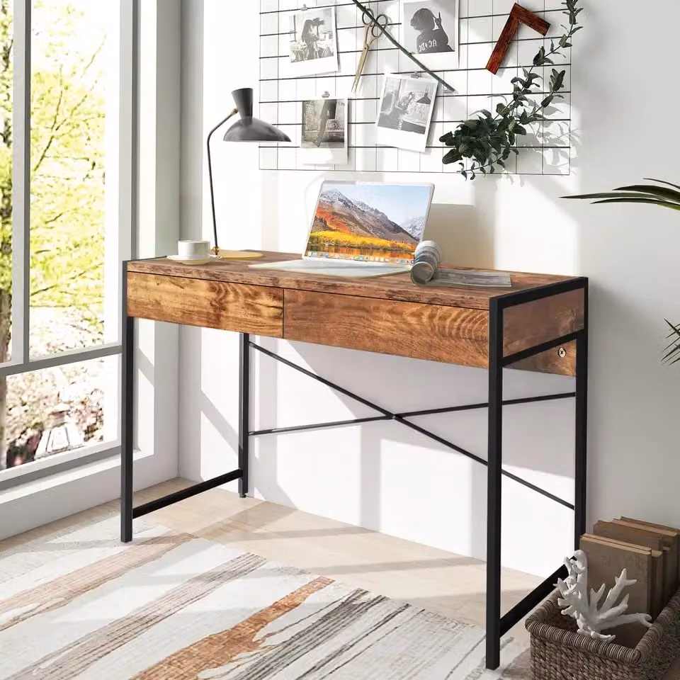 Costway Brown Wooden Computer Desk and Writing Workstation with 2 Drawers – 2