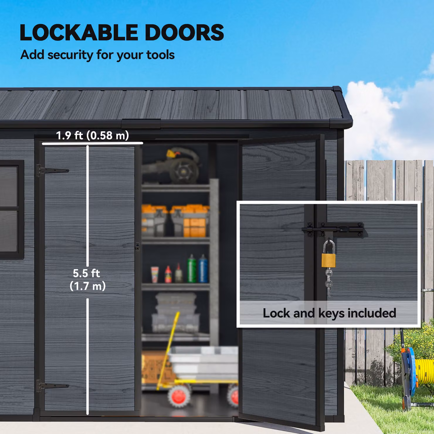 Outsunny Wood-Effect Resin Garden Shed in Dark Grey with Windows, Floor and Lockable Double Doors – 5