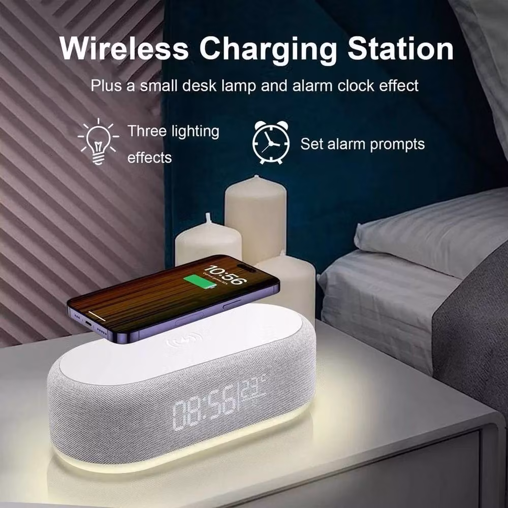 FLAVORA 4-in-1 Wireless Charger Lamp Speaker Clock in Grey with Dimmable RGB Night Light – 5