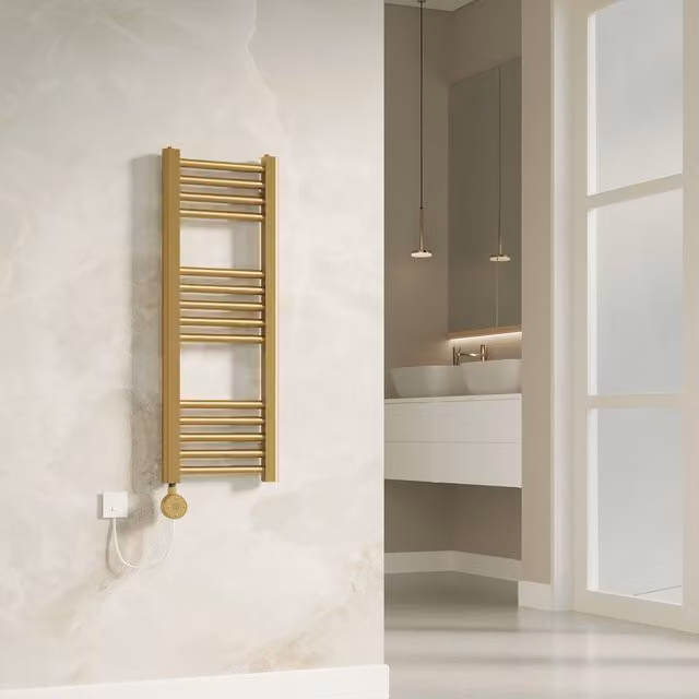 Banyetti Aureli Brushed Brass Electric Ladder Towel Rail Radiator in Gold, W: 300 mm, H: 800 mm