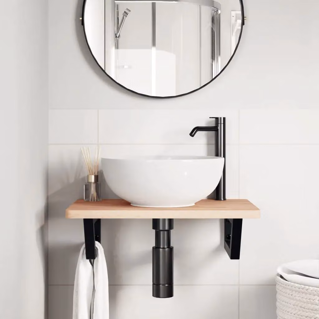 Berkfield Home Wall Mounted Basin Shelf in Brown Steel and Solid Beech Wood – 2