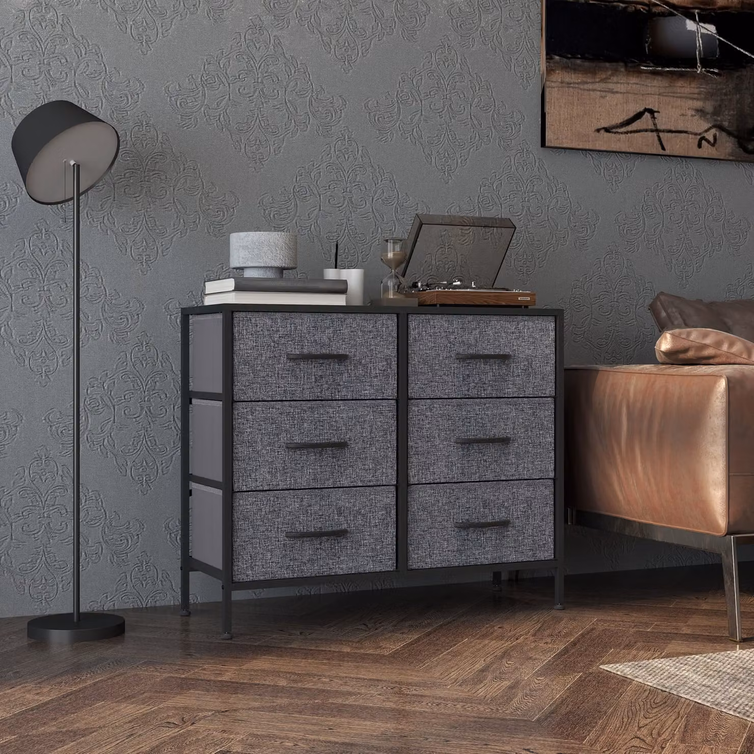 HOMCOM Industrial Fabric Chest of Drawers with 6 Drawers, Steel Frame and Wooden Top, Black/Grey, W/D/H: 62.5 x 80.0 x 1.0 cm – 7