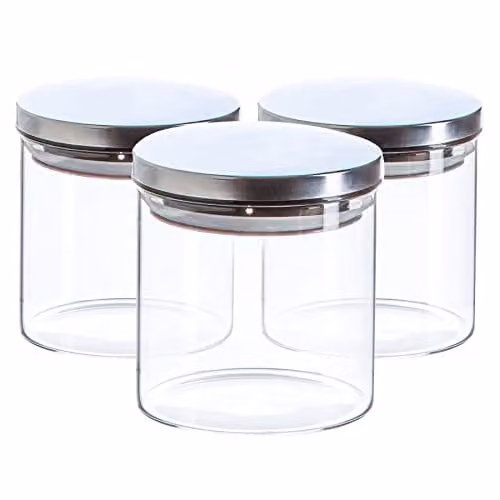 Argon Tableware Scandi Airtight Glass Storage Jars with Metal Lids, 550ml, 3 Pack, Silver