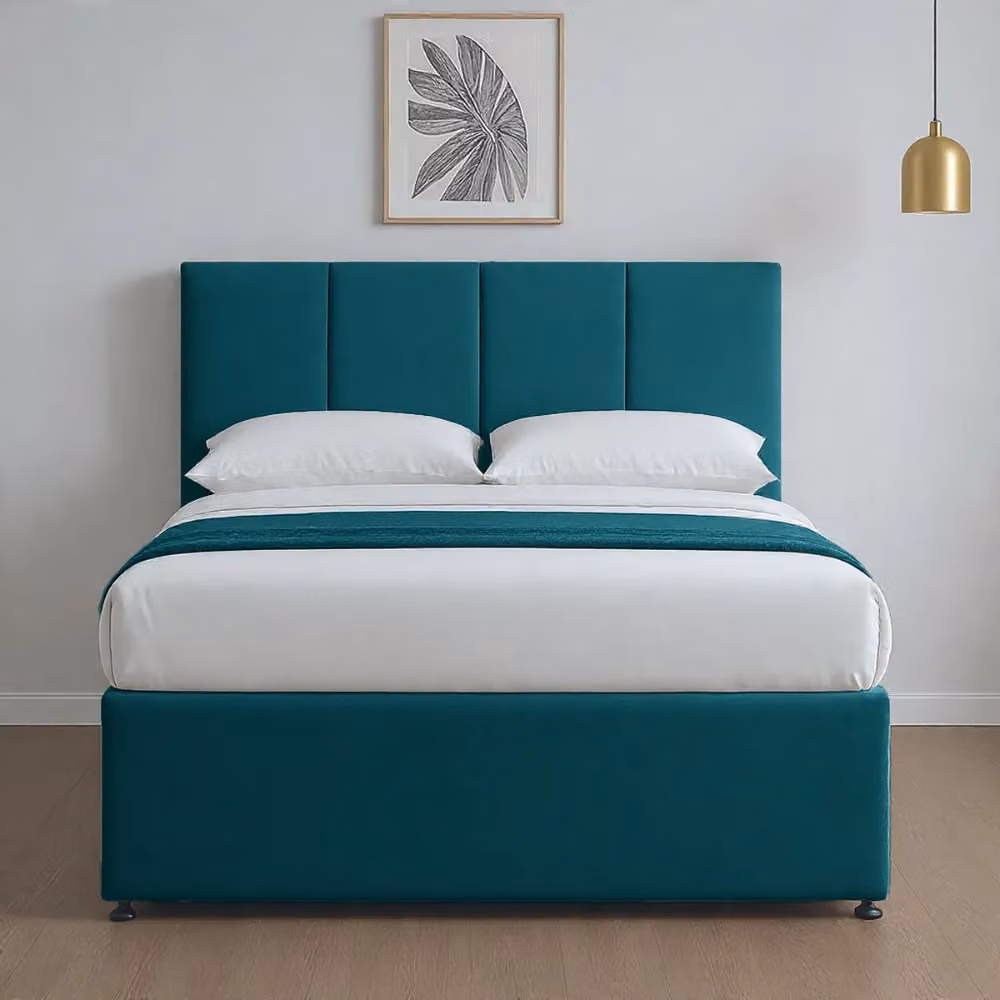 Bed Time UK Plush Divan Bed with Hybrid Mattress, 20 Inch Vertical Line Headboard and 2 Drawers, Petrol, W/D/H: 200 x 200 cm – 1