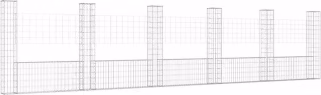 Berkfield Home U-shape Iron Gabion Basket with 6 Posts, Silver, W/D/H: 620 x 20 x 150 cm