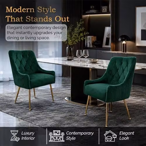 Hygrad Built to Survive Set of 2 Modern Upholstered Velvet Dining Chairs with Gold Metal Legs in Green – 3