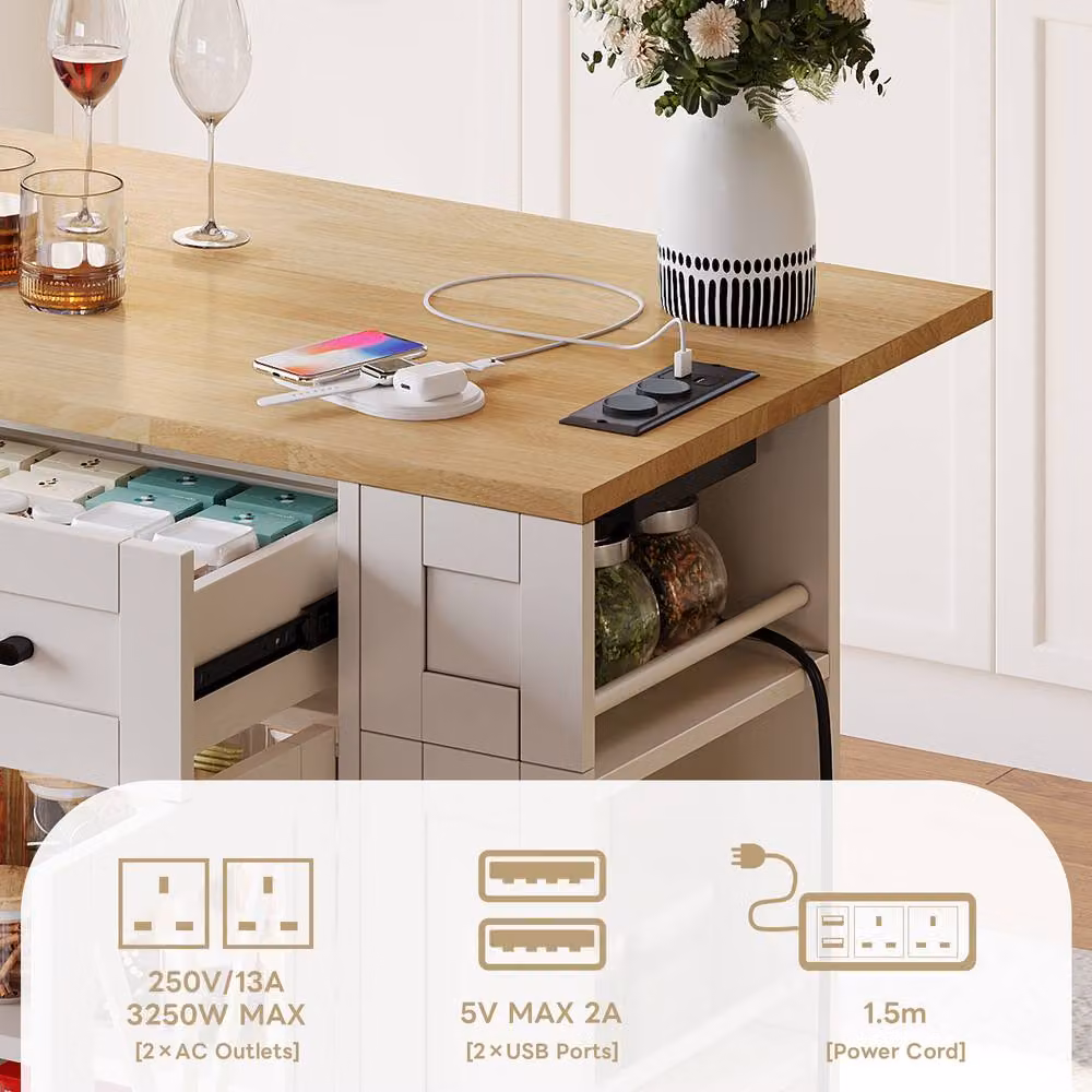 BTM White Kitchen Island on Wheels with Folding Tabletop and USB Storage Cabinet, W/D/H: 92 x 40 x 40 cm – 2