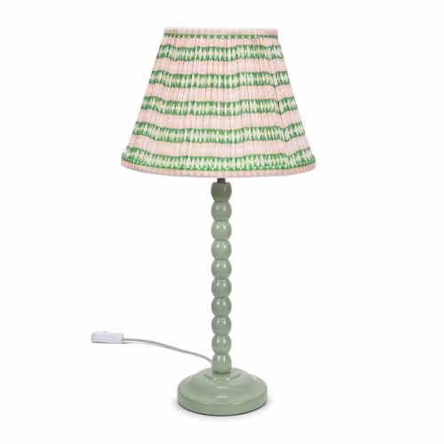 ValueLights Sage Green Bobbin Stem Table Lamp with Pink Aztec Pleated Fabric Shade and LED Bulb – 1