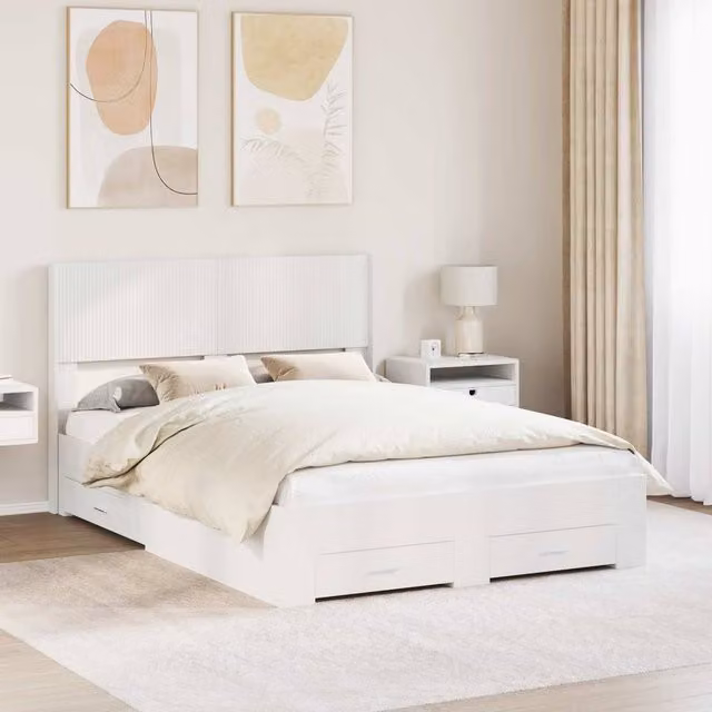 Berkfield Home Modern White Engineered Wood Bed Frame with Storage Drawers and Headboard, 140 x 190 cm