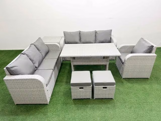 Fimous 9 Seater Poly Rattan Outdoor Garden Furniture Set in Grey with Rectangular Dining Table, 3 Seater Sofa, Reclining Chairs and Stools