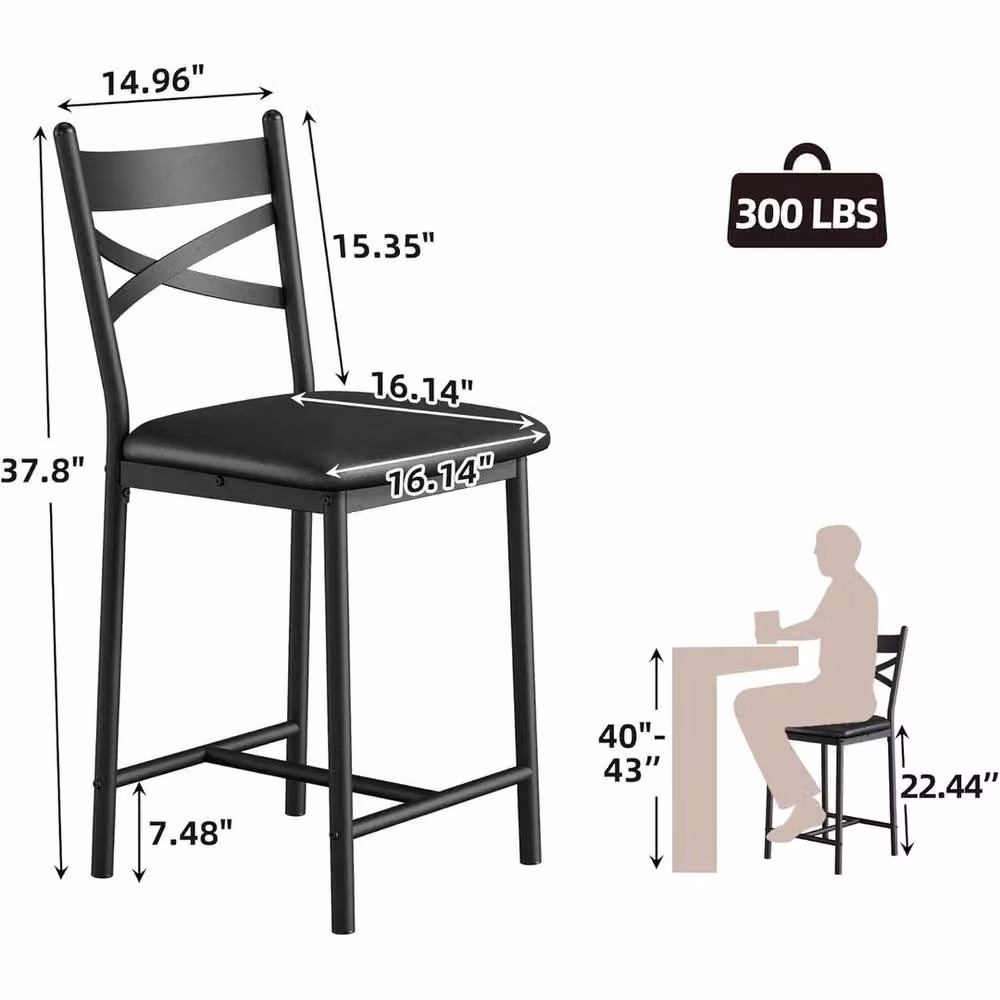 VOGREX Set of 2 Black Synthetic Leather Counter Height Bar Stools with Metal Legs – 2