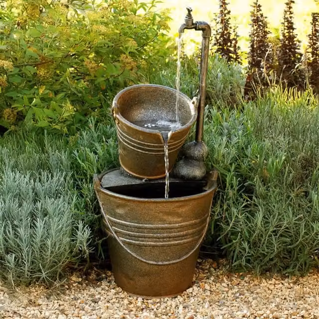 Primrose Tap Bucket Tiered Garden Water Feature with LEDs, White, Height: 76 cm – 1