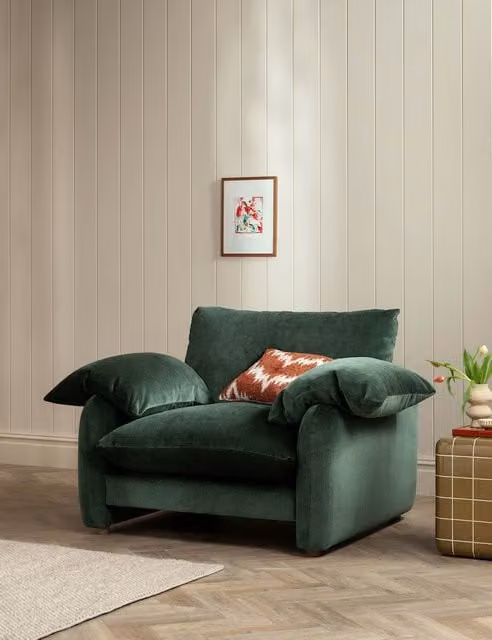 Barker and Stonehouse Orson Chenille Snuggle Chair in Dark Green with Feather Filling and Armrests