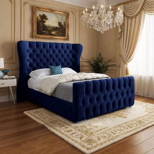 Casani Reydon Blue Velvet Upholstered Designer Bed Frame, Single, W/D/H: 90 x 200 cm