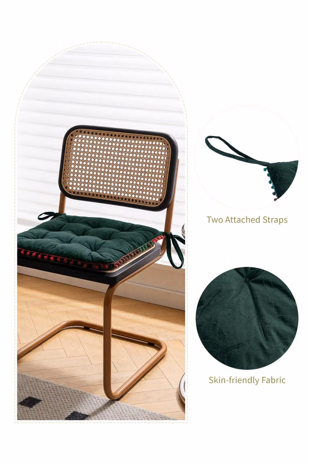 Living and Home Quilted Pom-Pom Trimmed Square Chair Cushion in Green – 2