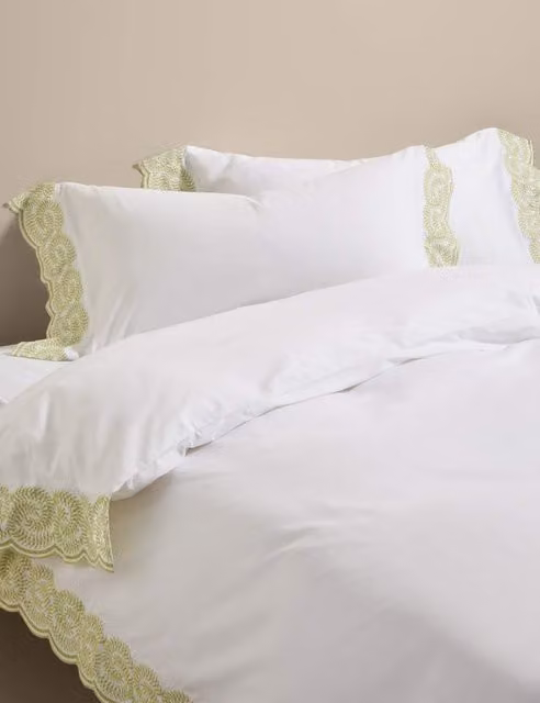 M&S Pure Cotton Classic Bedding Set, Green and White, W: 140 cm x L: 200 cm