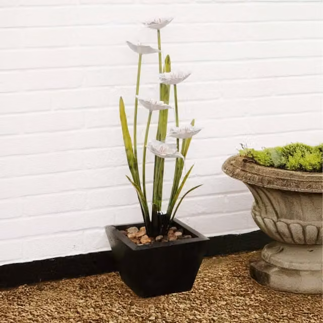 Primrose Narcissi Steel Floral Design Tabletop Water Feature with Lights in Green