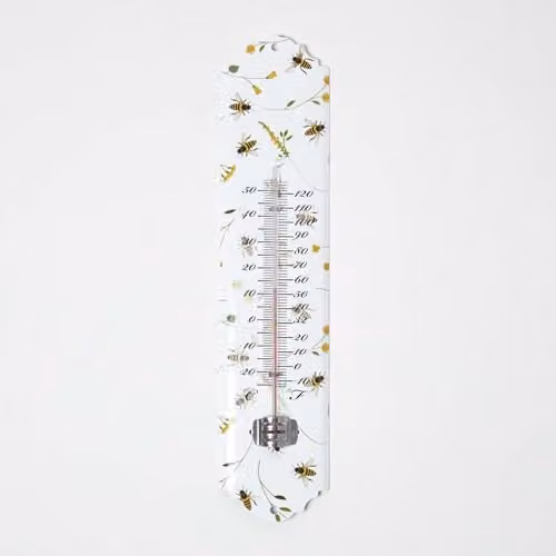 Homescapes Outdoor Thermometer with Bee Design in White, Height: 29.6 cm