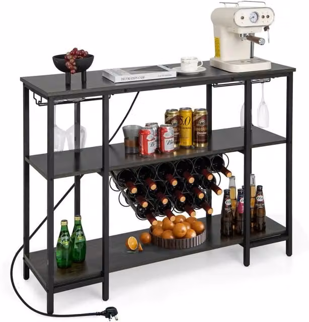 Costway 3-tier Industrial Wine Bar Cabinet with Storage Shelves and Glass Holder in Grey