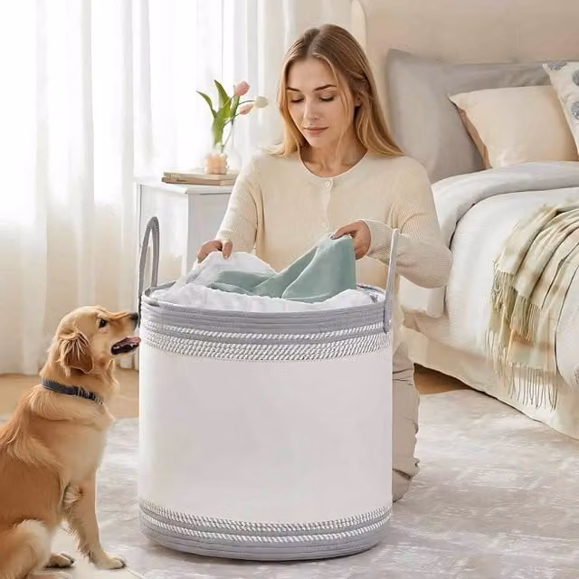 The Bazaarist Large Cotton Rope Laundry Hamper with Handles, White and Grey
