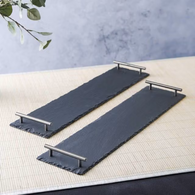 Artesa Set of 2 Rectangular Grey Slate Appetiser Serving Platters with Metal Handles