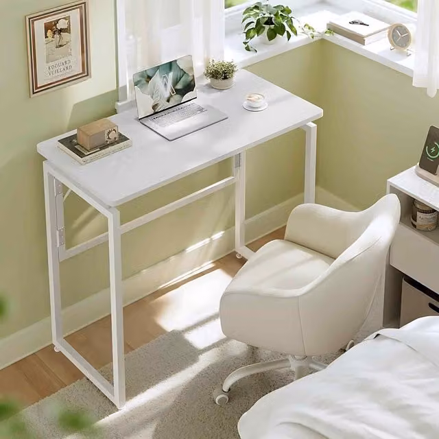 The Bazaarist Modern Foldable Writing Desk with Rectangular MDF Laminate Top in White