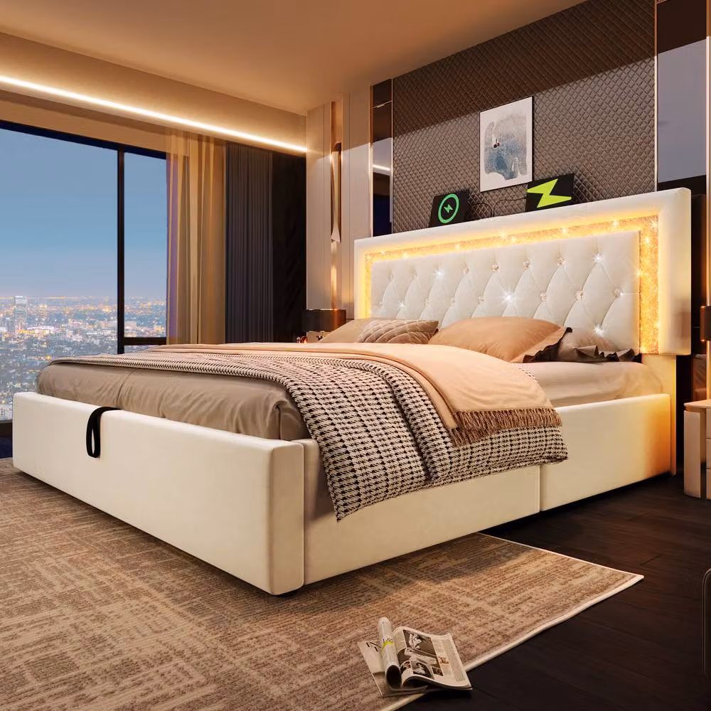 Matteo Beige Velvet King Size Bed Frame with LED Lighting, USB Charging Ports and Lift Up Storage Base – 5