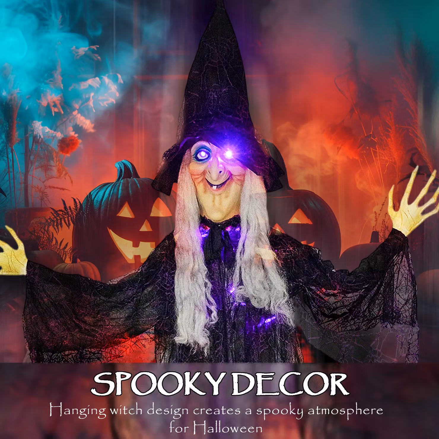 OUTSUNNY Voice Activated Halloween Witch Animatronic Hanging Decoration in Black and Purple – 4