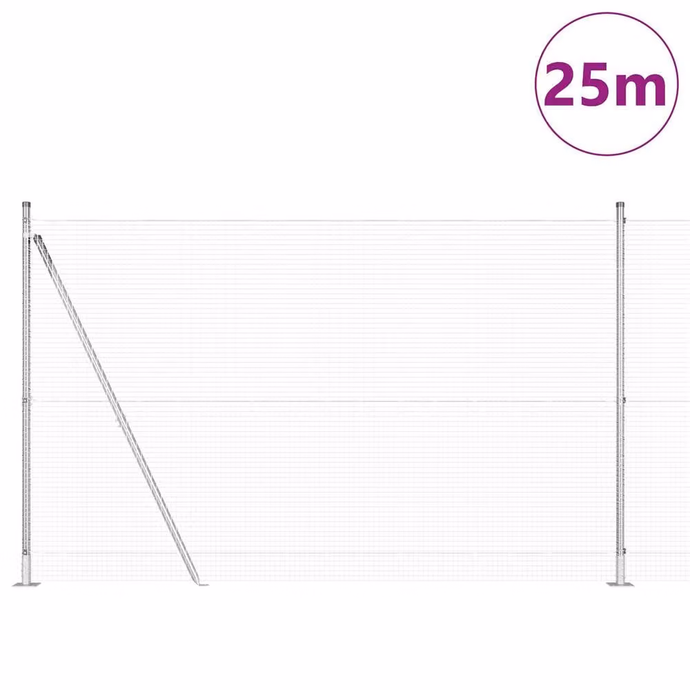 Berkfield Home Silver Galvanised Steel Welded Wire Fence with 13 Flanged Posts, W: 25 m, H: 1.5 m – 2