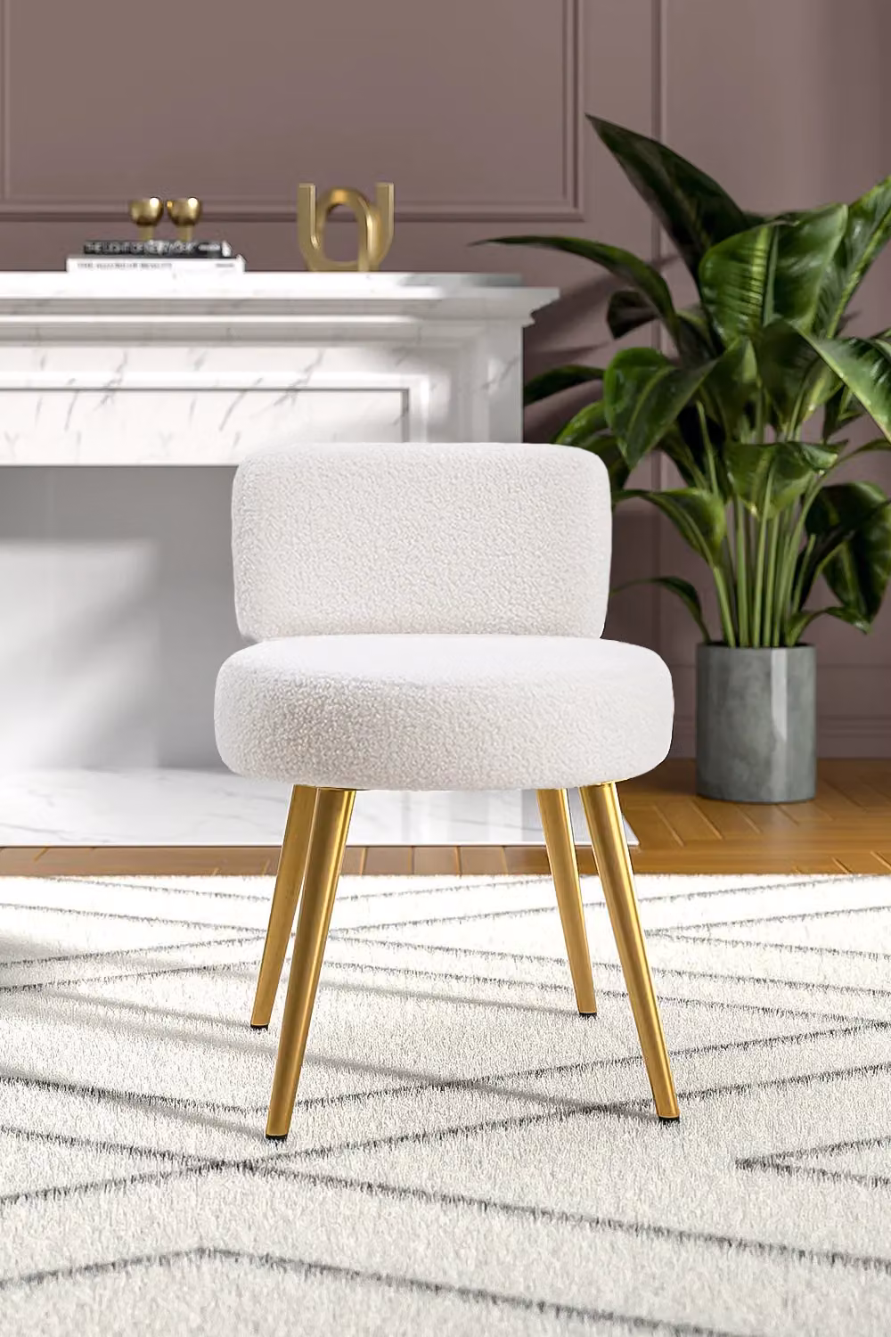 Living and Home Cream Bouclé Faux Fur Vanity Stool with White Metal Legs – 2