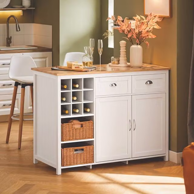 SoBuy Modern Kitchen Island with Natural Wood Top and White Rattan Baskets – 1