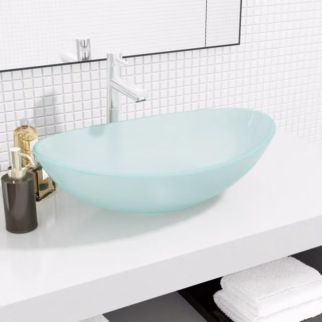 Berkfield Oval Tempered Glass Countertop Basin in Beige, W: 54.5 cm, D: 35 cm, H: 15.5 cm