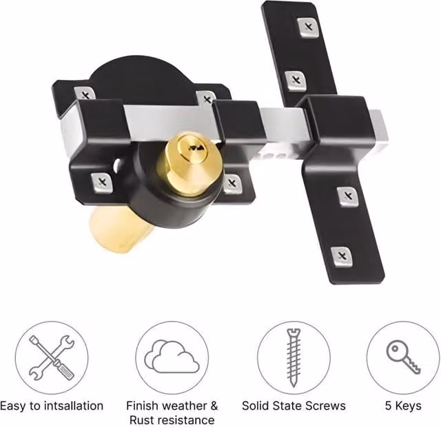 VOGREX Gate Lock 70mm Double Long Throw Bolt with 5 Keys, Black