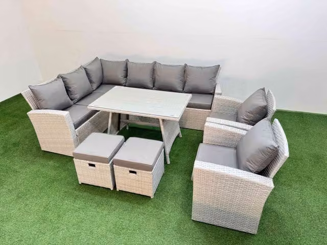 Fimous 10 Seater Outdoor Rattan Furniture Set with 2 Footstools in Light Grey