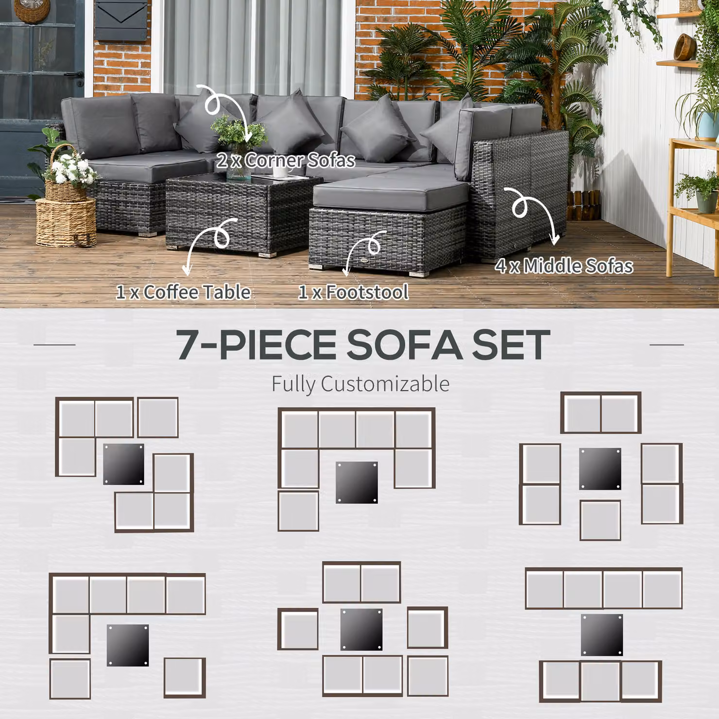 Outsunny 8 Piece Grey Rattan L-Shape Garden Furniture Set with Upholstered Cushions, Ottoman and Coffee Table – 5