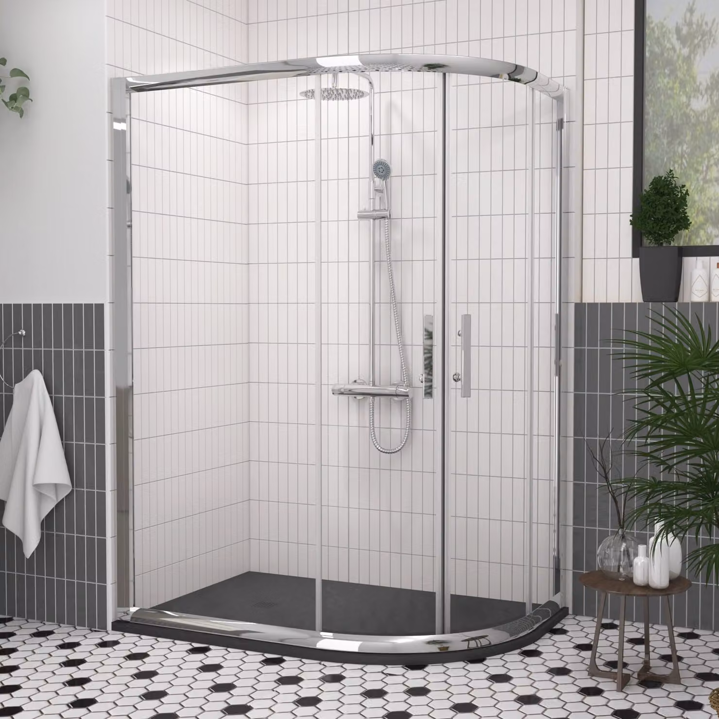 Imperial Offset Quadrant Shower Enclosure with Black Mineral Cast Shower Tray, 6mm Double Sliding Door, W: 120 cm, D: 80 cm, H: 185 cm