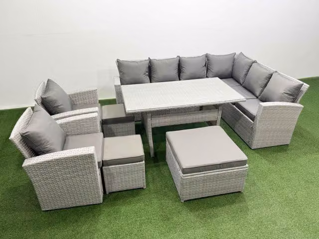 Fimous 11 Seater Rattan Garden Furniture Set with Corner Sofa and Dining Table in Light Grey