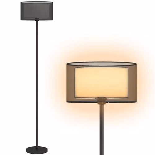 HOMCOM Modern Black Floor Lamp with Double Layer Fabric Shade and Foot Switch, H 152.5 x W 33 x D 33 cm