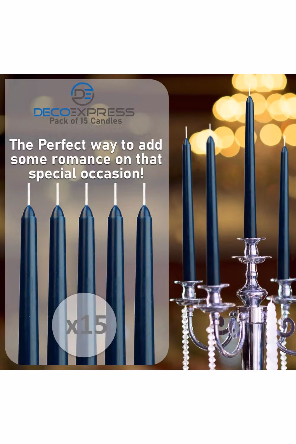 Deco Express Classic Dripless Tapered Unscented Metallic Candles in Blue, 15 Pack – 3