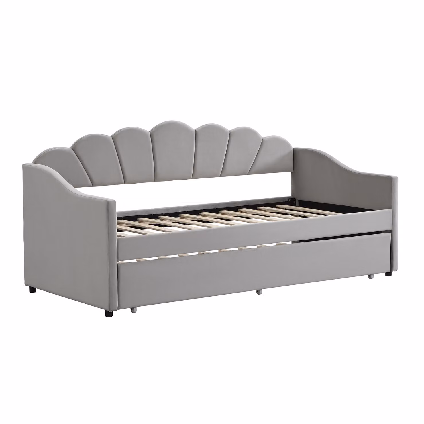 Aosom.UK Grey Upholstered Velvet Single Day Bed with Trundle and Scalloped Cushion, W/D/H: 202 x 190 x 95 cm – 2