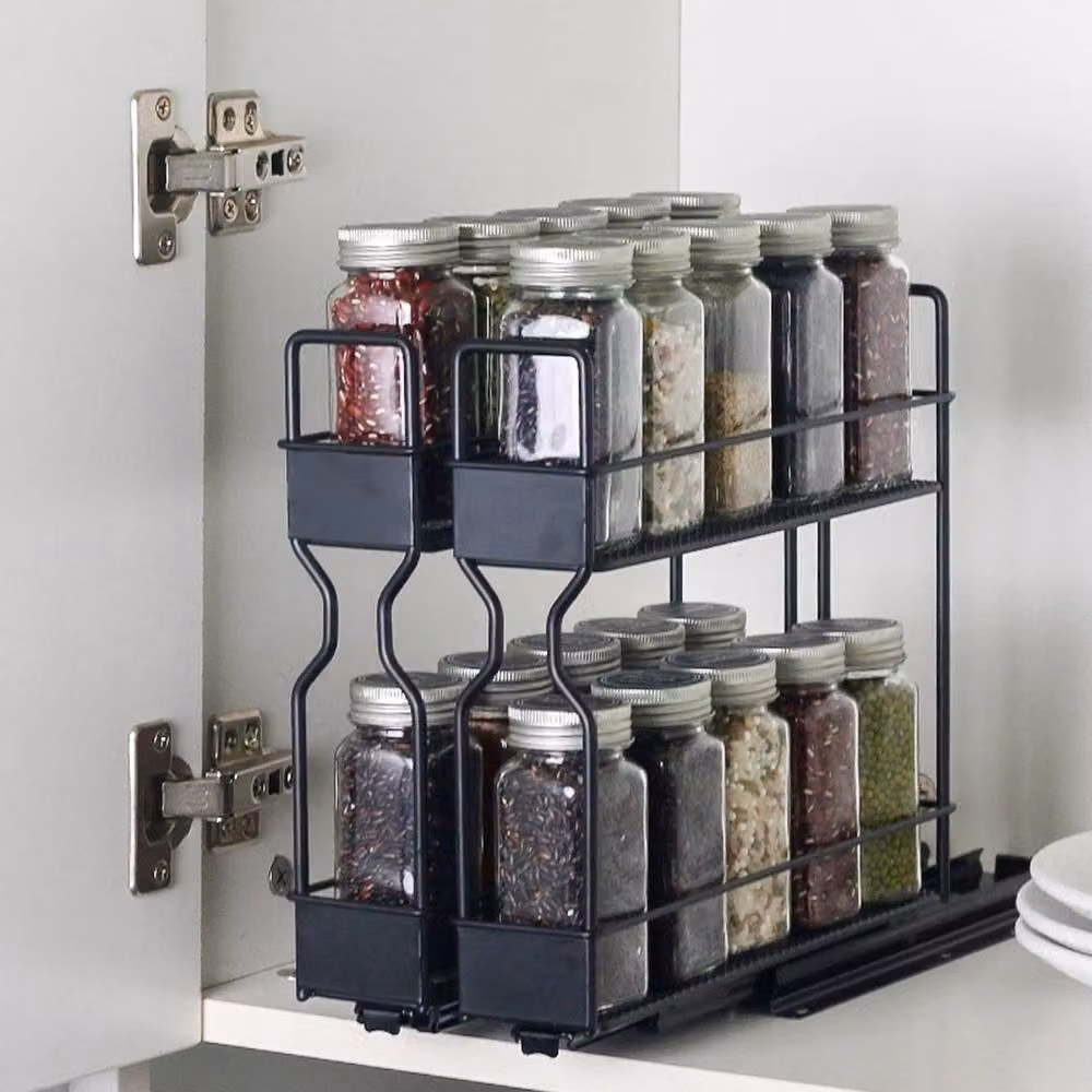KORVIXA 2-Tier Sliding Spice Rack Organizer, Black Metal, Width: 28 cm – 3