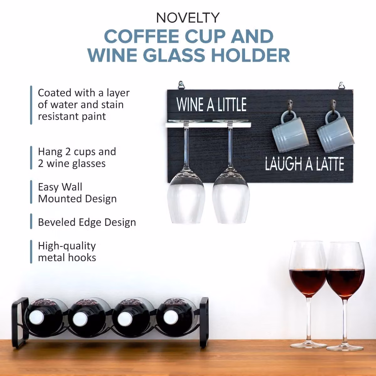 Wicked Gizmos Wall Mounted Wooden Coffee Mug and Wine Glass Holder in Black – 2