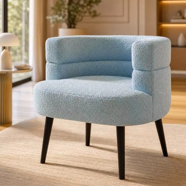 Alivio Blue Boucle Fabric Tub Accent Chair with Armrests and Rubberwood Legs – 1